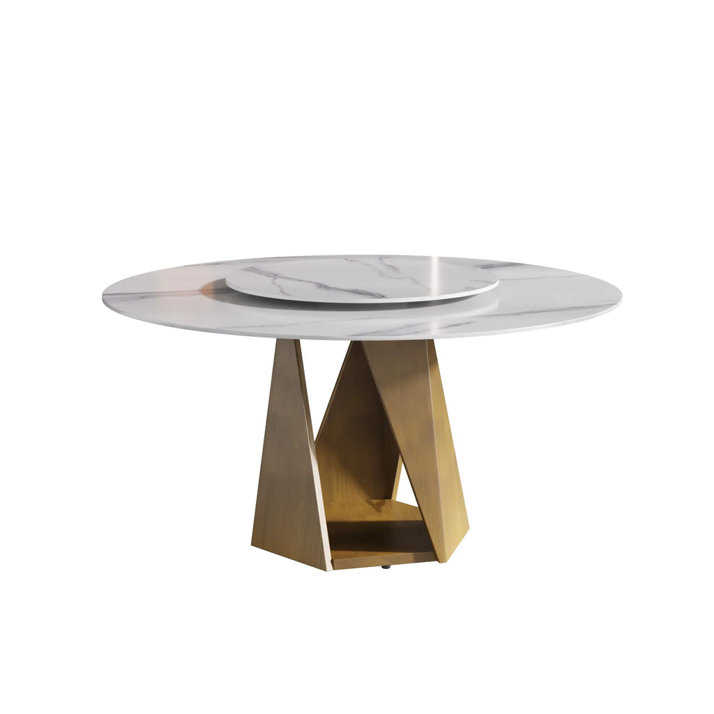 Marbella Sintered Stone Dining Table | 59" White Gloss Round With Lazy Susan Turntable