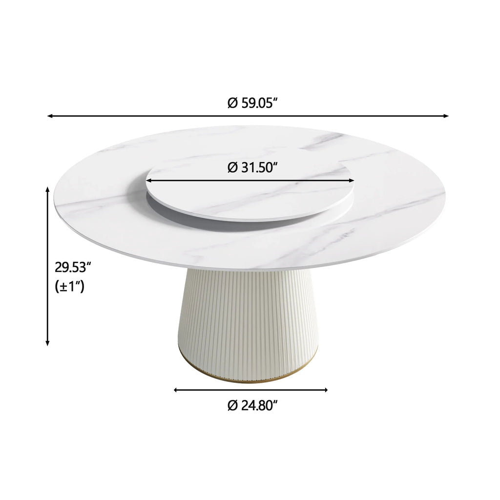Marbella Sintered Stone Dining Table | 59" White Gloss Round With Lazy Susan Turntable