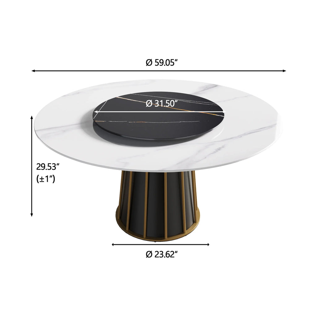Marbella Sintered Stone Dining Table | 59" White Gloss Round With Lazy Susan Turntable