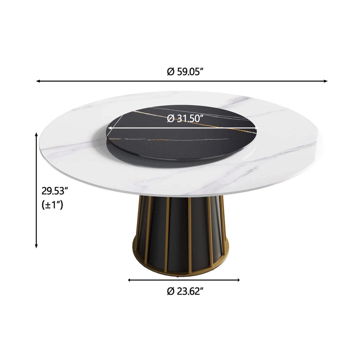 Marbella Sintered Stone Dining Table | 59" White Gloss Round With Lazy Susan Turntable
