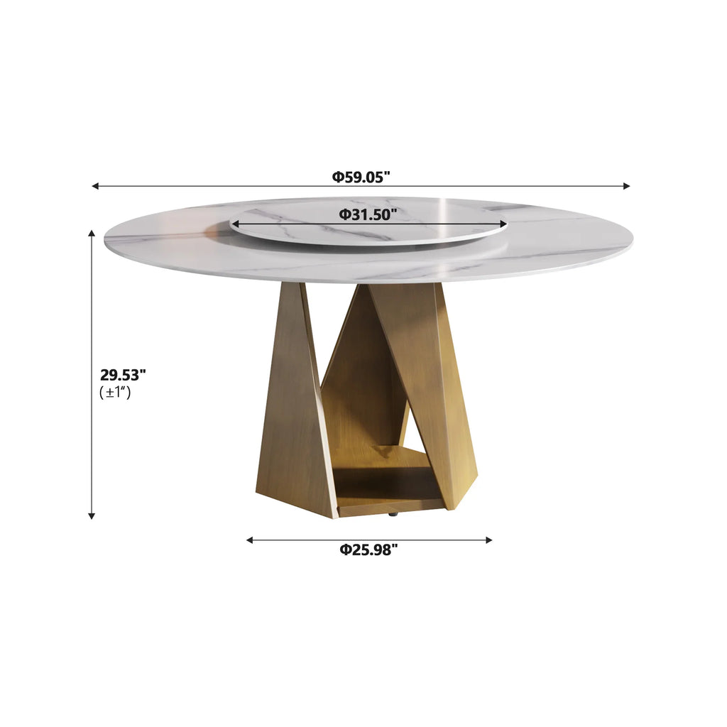 Marbella Sintered Stone Dining Table | 59" White Gloss Round With Lazy Susan Turntable