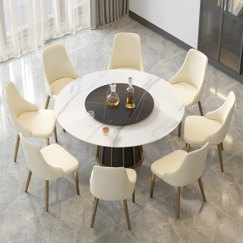 Marbella Sintered Stone Dining Table | 59" White Gloss Round With Lazy Susan Turntable
