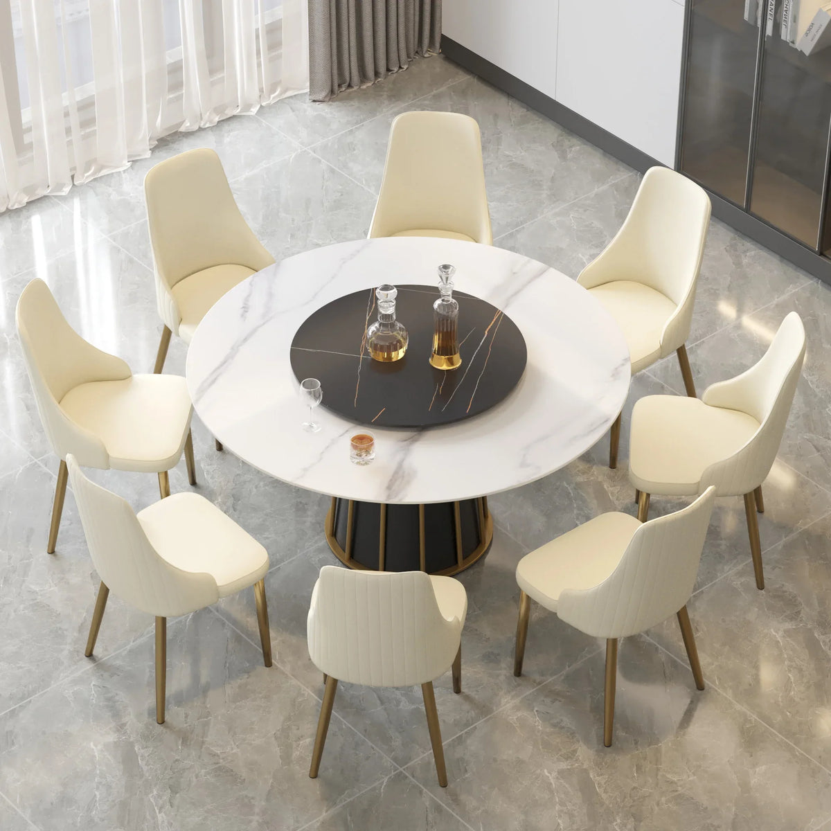 Marbella Sintered Stone Dining Table | 59" White Gloss Round With Lazy Susan Turntable