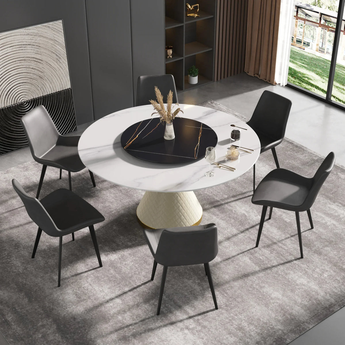 Marbella Sintered Stone Dining Table | 59" White Gloss Round With Lazy Susan Turntable