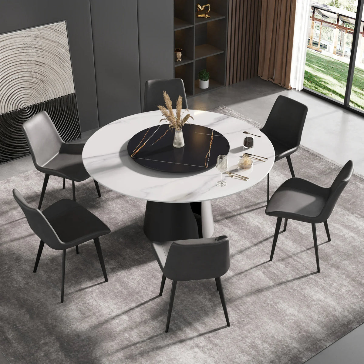 Marbella Sintered Stone Dining Table | 59" White Gloss Round With Lazy Susan Turntable