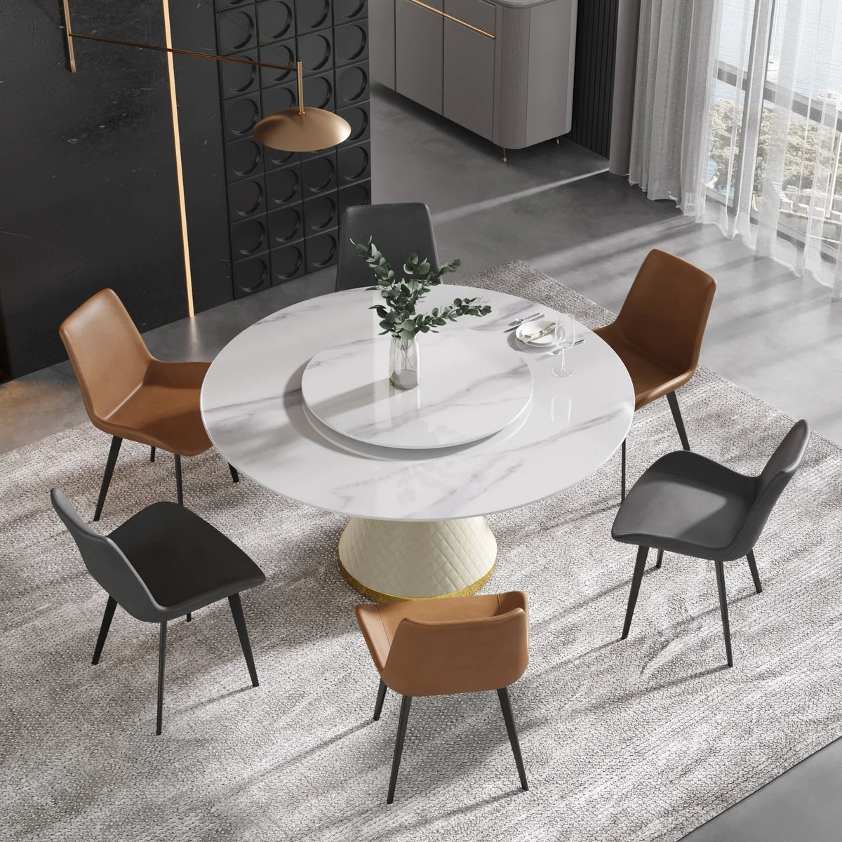 Marbella Sintered Stone Dining Table | 59" White Gloss Round With Lazy Susan Turntable