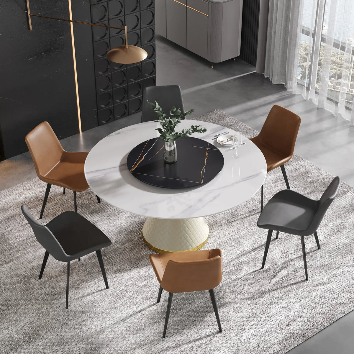 Marbella Sintered Stone Dining Table | 59" White Gloss Round With Lazy Susan Turntable