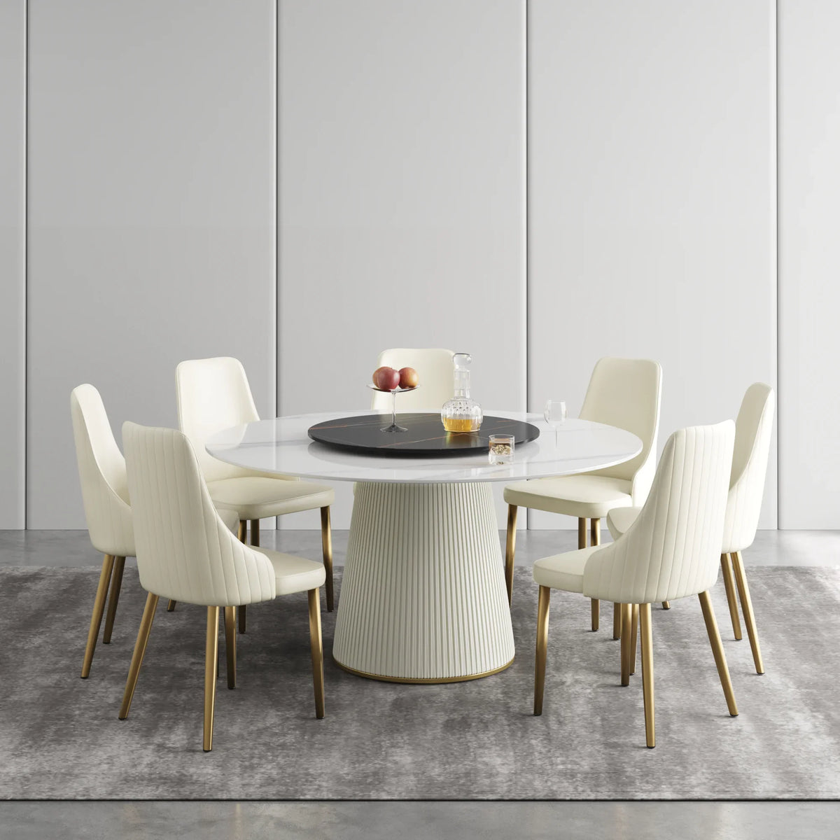Marbella Sintered Stone Dining Table | 59" White Gloss Round With Lazy Susan Turntable