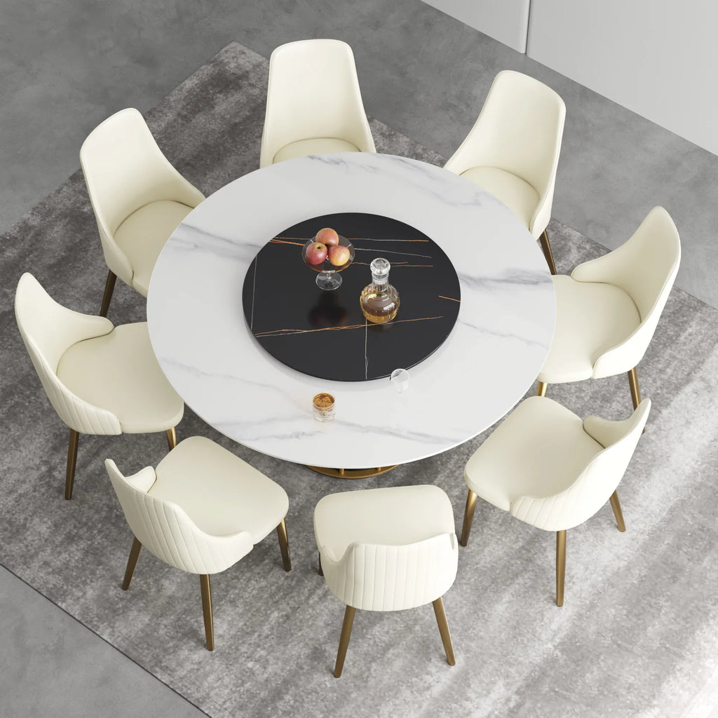 Marbella Sintered Stone Dining Table | 59" White Gloss Round With Lazy Susan Turntable