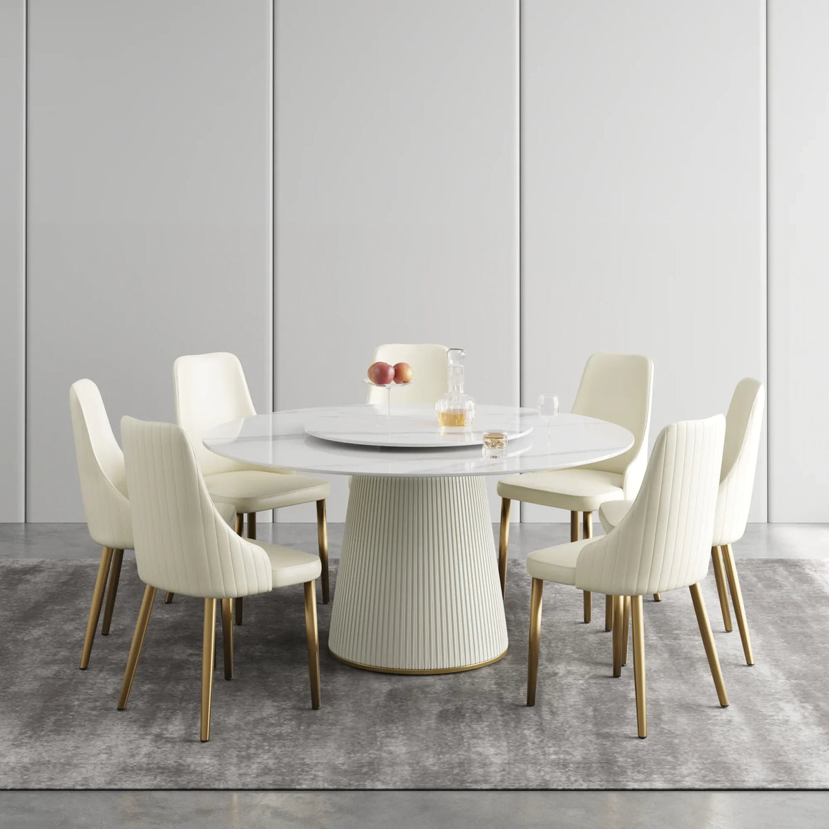 Marbella Sintered Stone Dining Table | 59" White Gloss Round With Lazy Susan Turntable