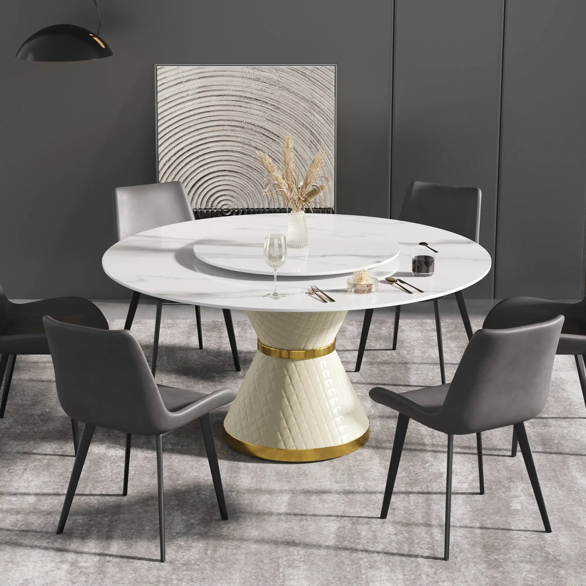 Marbella Sintered Stone Dining Table | 59" White Gloss Round With Lazy Susan Turntable