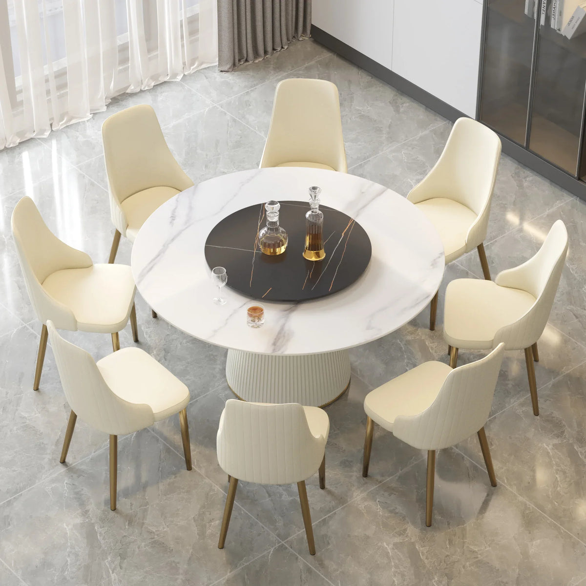 Marbella Sintered Stone Dining Table | 59" White Gloss Round With Lazy Susan Turntable
