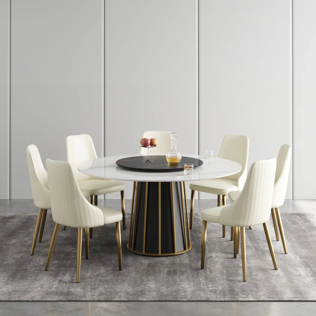Marbella Sintered Stone Dining Table | 59" White Gloss Round With Lazy Susan Turntable