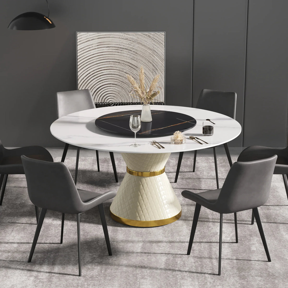 Marbella Sintered Stone Dining Table | 59" White Gloss Round With Lazy Susan Turntable