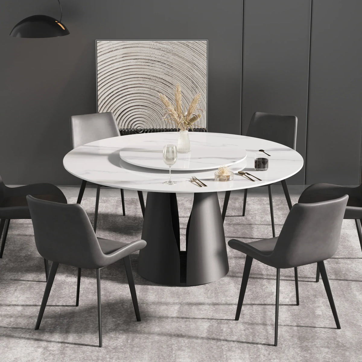 Marbella Sintered Stone Dining Table | 59" White Gloss Round With Lazy Susan Turntable