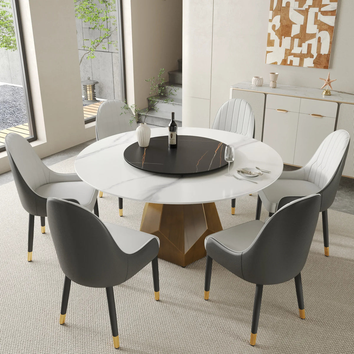 Marbella Sintered Stone Dining Table | 59" White Gloss Round With Lazy Susan Turntable