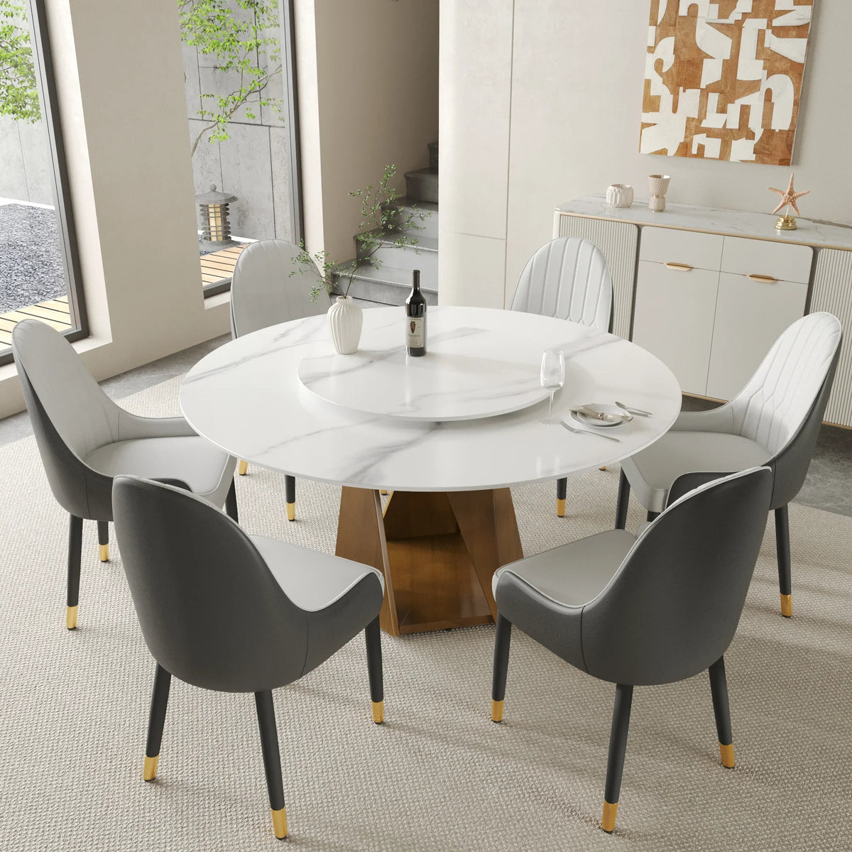 Marbella Sintered Stone Dining Table | 59" White Gloss Round With Lazy Susan Turntable