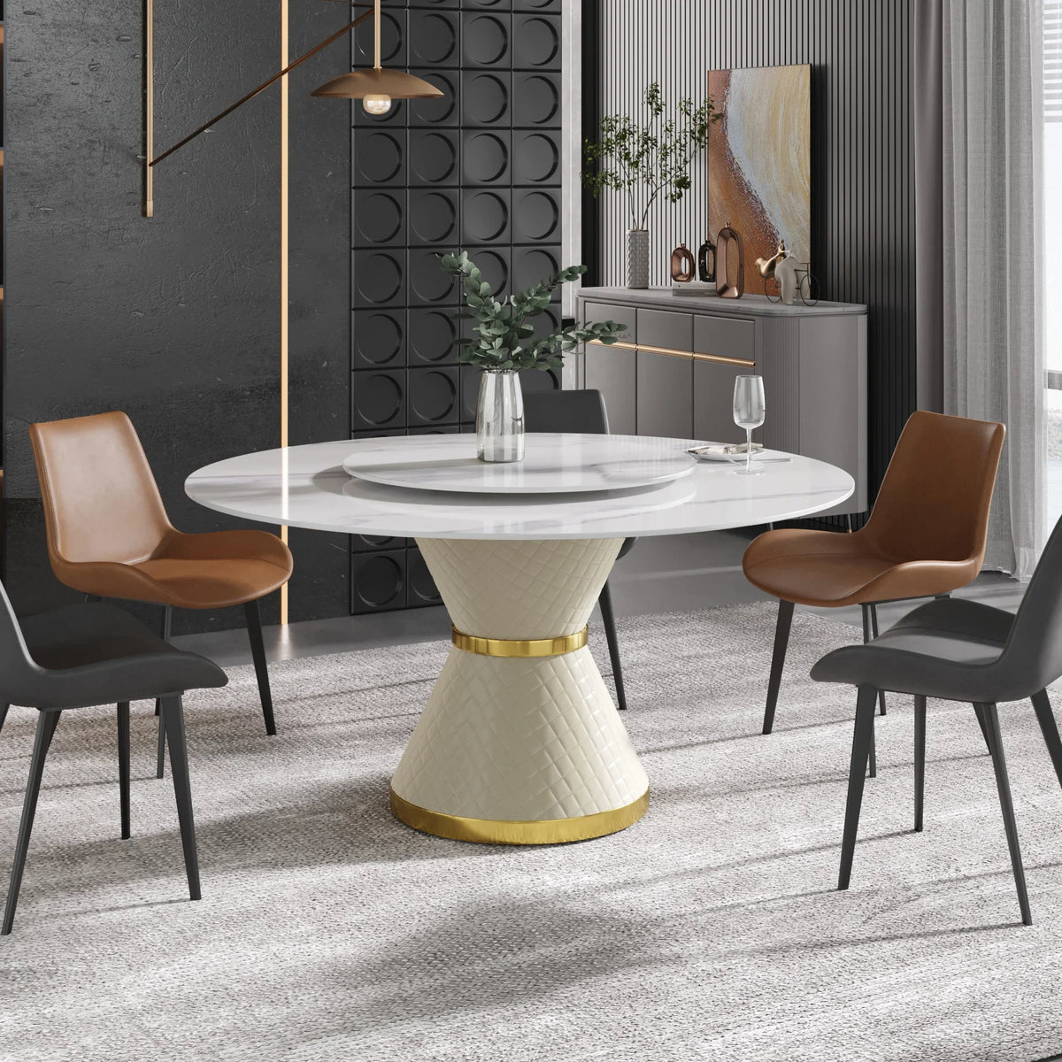 Marbella Sintered Stone Dining Table | 59" White Gloss Round With Lazy Susan Turntable