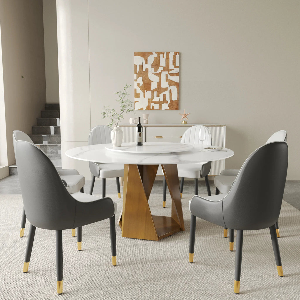 Marbella Sintered Stone Dining Table | 59" White Gloss Round With Lazy Susan Turntable