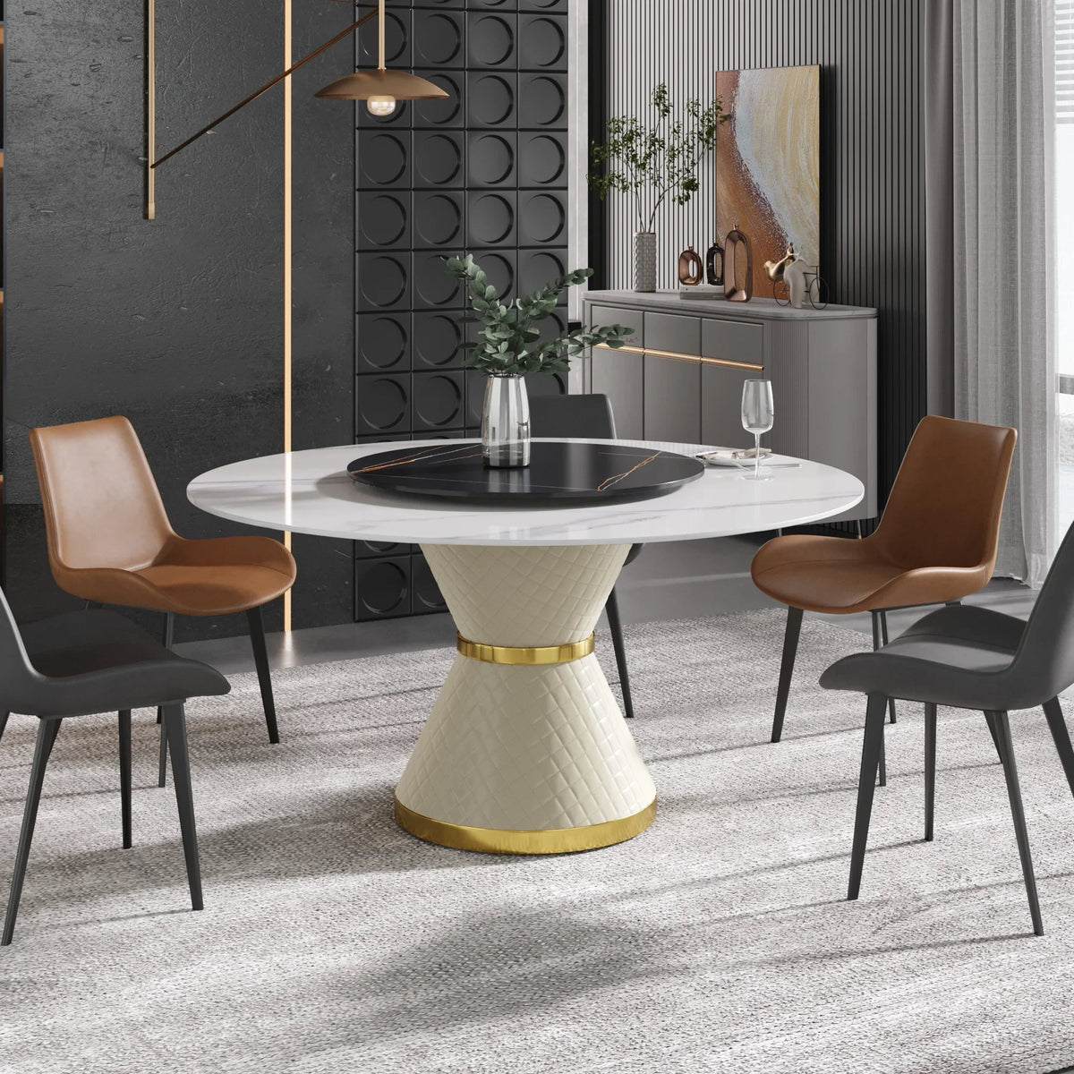 Marbella Sintered Stone Dining Table | 59" White Gloss Round With Lazy Susan Turntable
