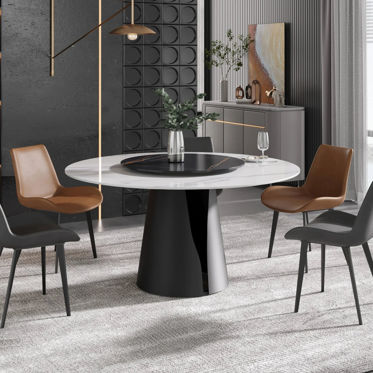 Marbella Sintered Stone Dining Table | 59" White Gloss Round With Lazy Susan Turntable