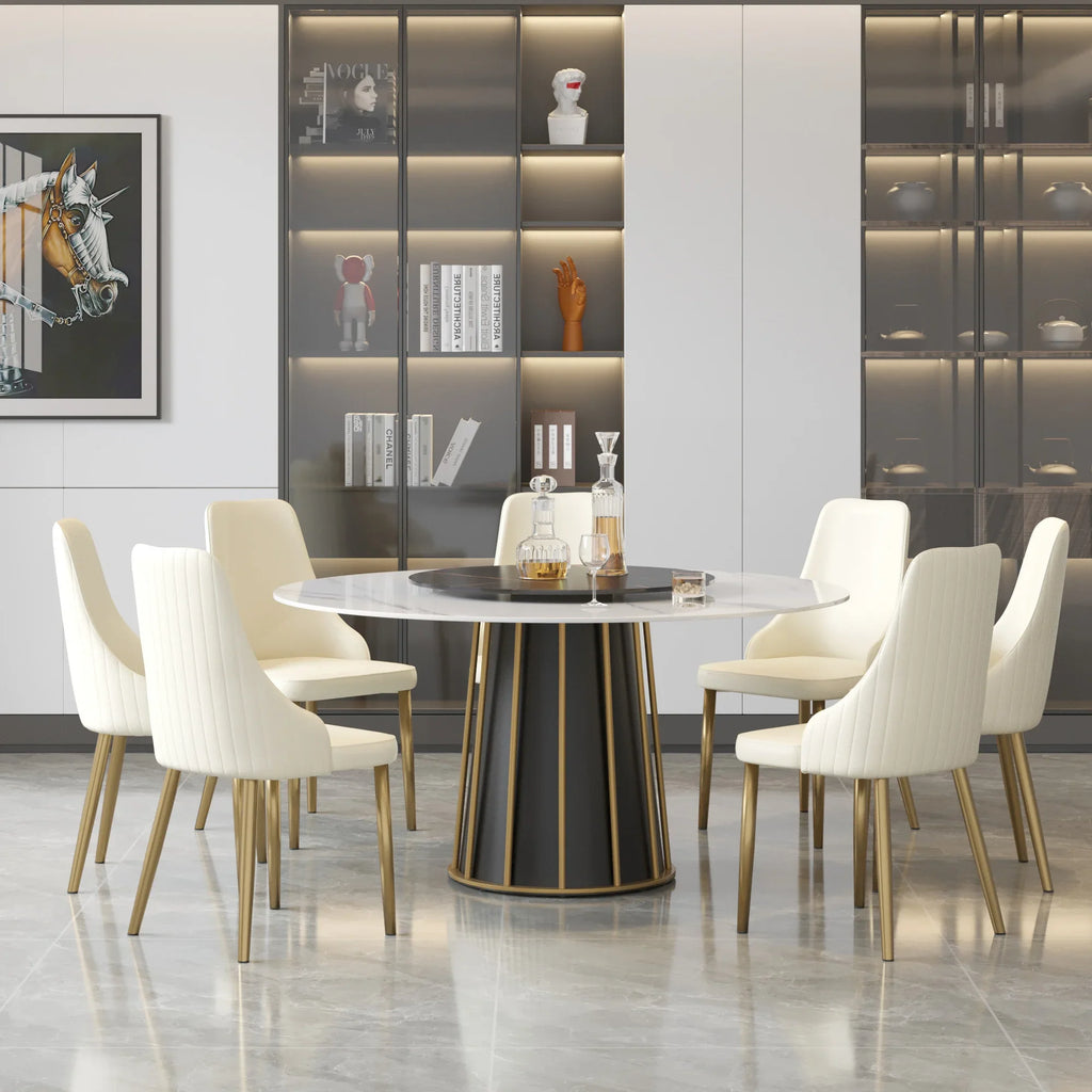 Marbella Sintered Stone Dining Table | 59" White Gloss Round With Lazy Susan Turntable
