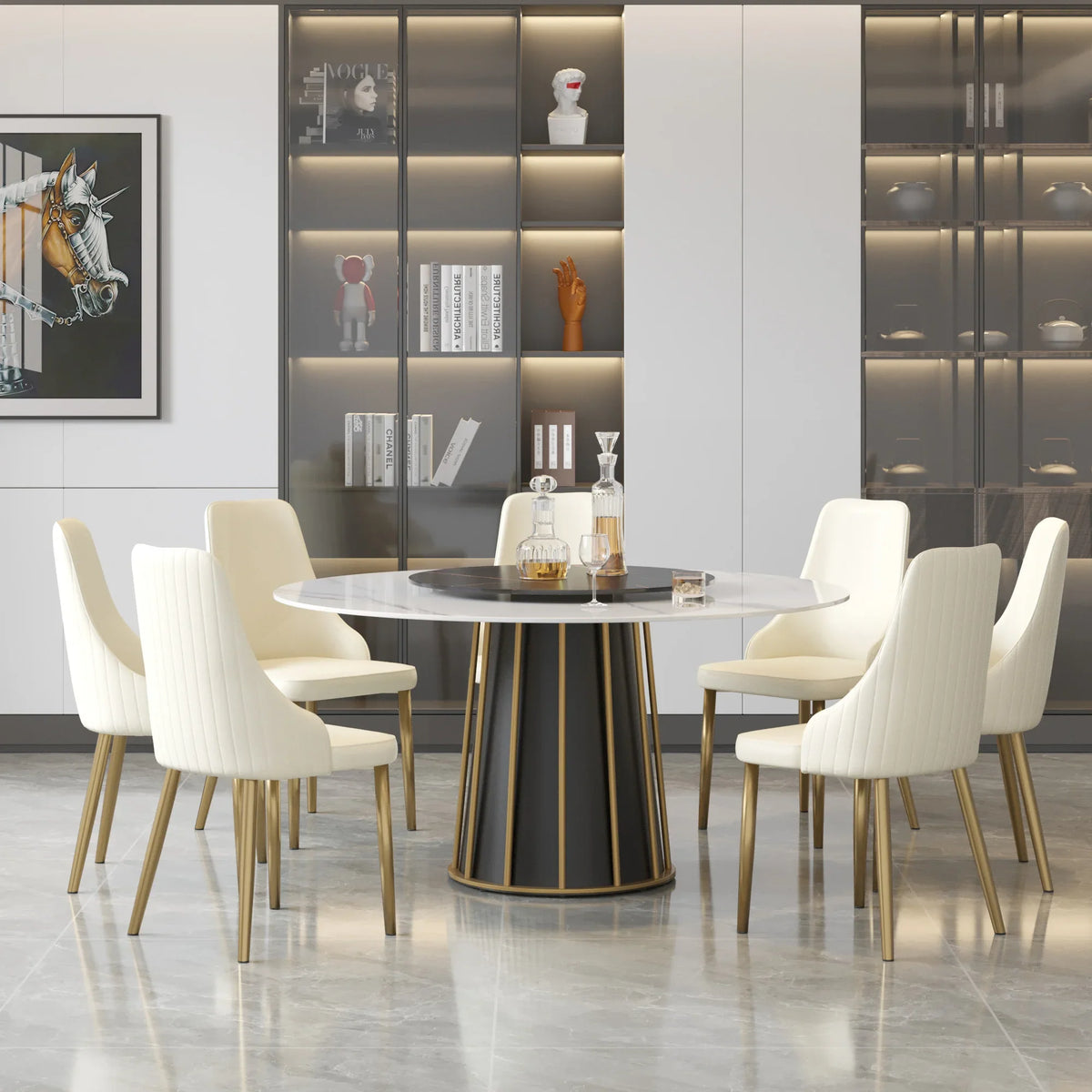 Marbella Sintered Stone Dining Table | 59" White Gloss Round With Lazy Susan Turntable