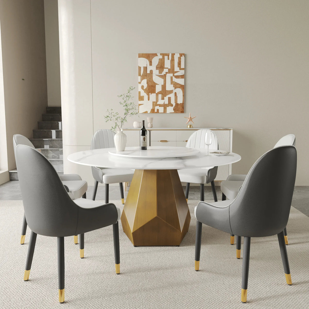 Marbella Sintered Stone Dining Table | 59" White Gloss Round With Lazy Susan Turntable