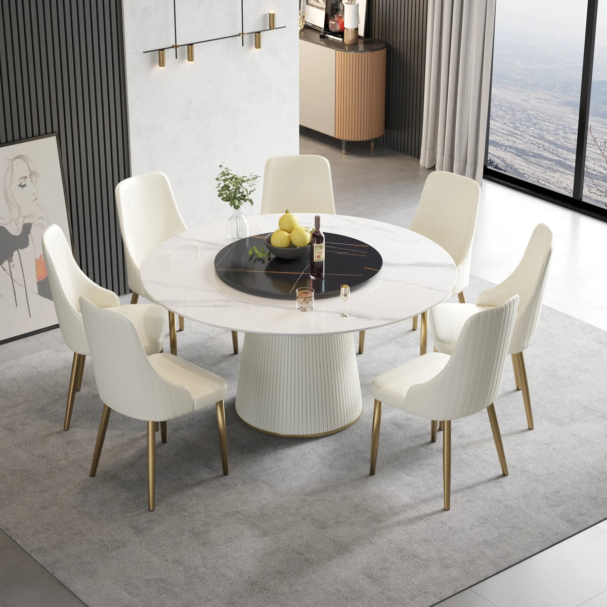 Marbella Sintered Stone Dining Table | 59" White Gloss Round With Lazy Susan Turntable