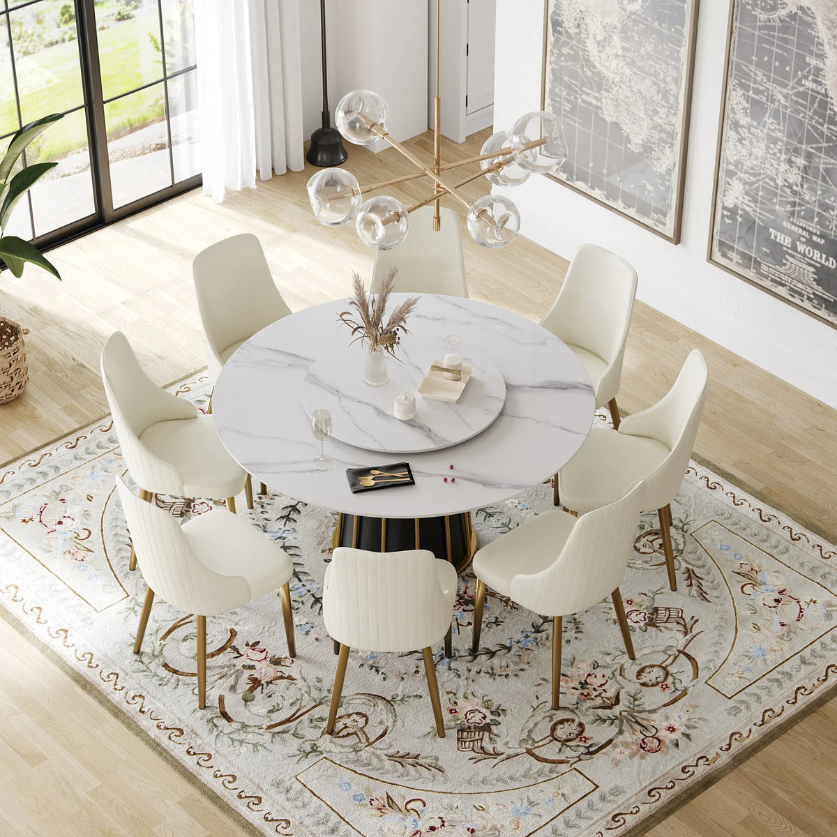 Marbella Sintered Stone Dining Table | 59" White Gloss Round With Lazy Susan Turntable