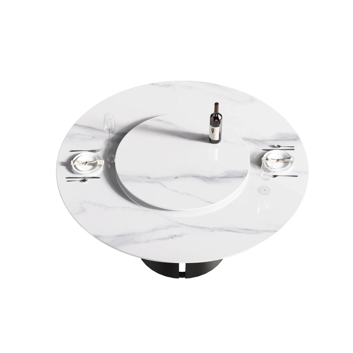 Marbella Sintered Stone Dining Table | 59" White Gloss Round With Lazy Susan Turntable