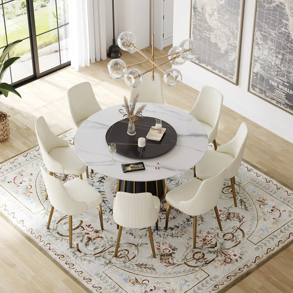 Marbella Sintered Stone Dining Table | 59" White Gloss Round With Lazy Susan Turntable