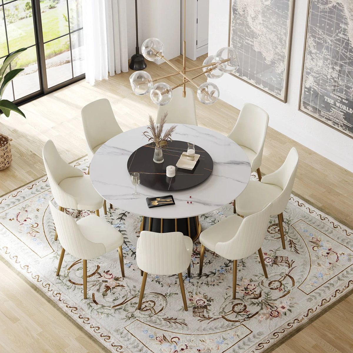 Marbella Sintered Stone Dining Table | 59" White Gloss Round With Lazy Susan Turntable