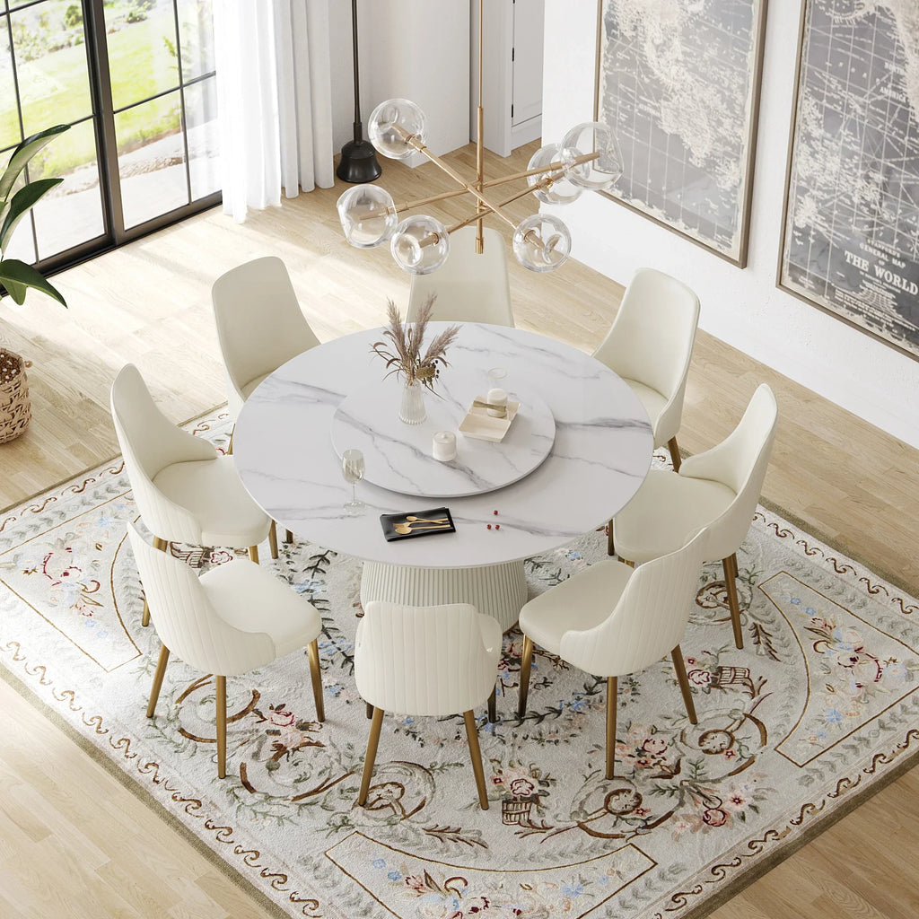 Marbella Sintered Stone Dining Table | 59" White Gloss Round With Lazy Susan Turntable