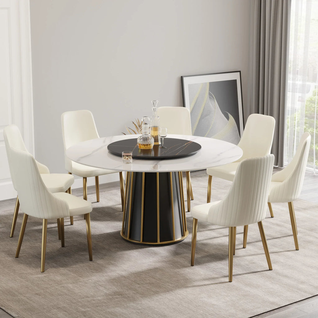 Marbella Sintered Stone Dining Table | 59" White Gloss Round With Lazy Susan Turntable