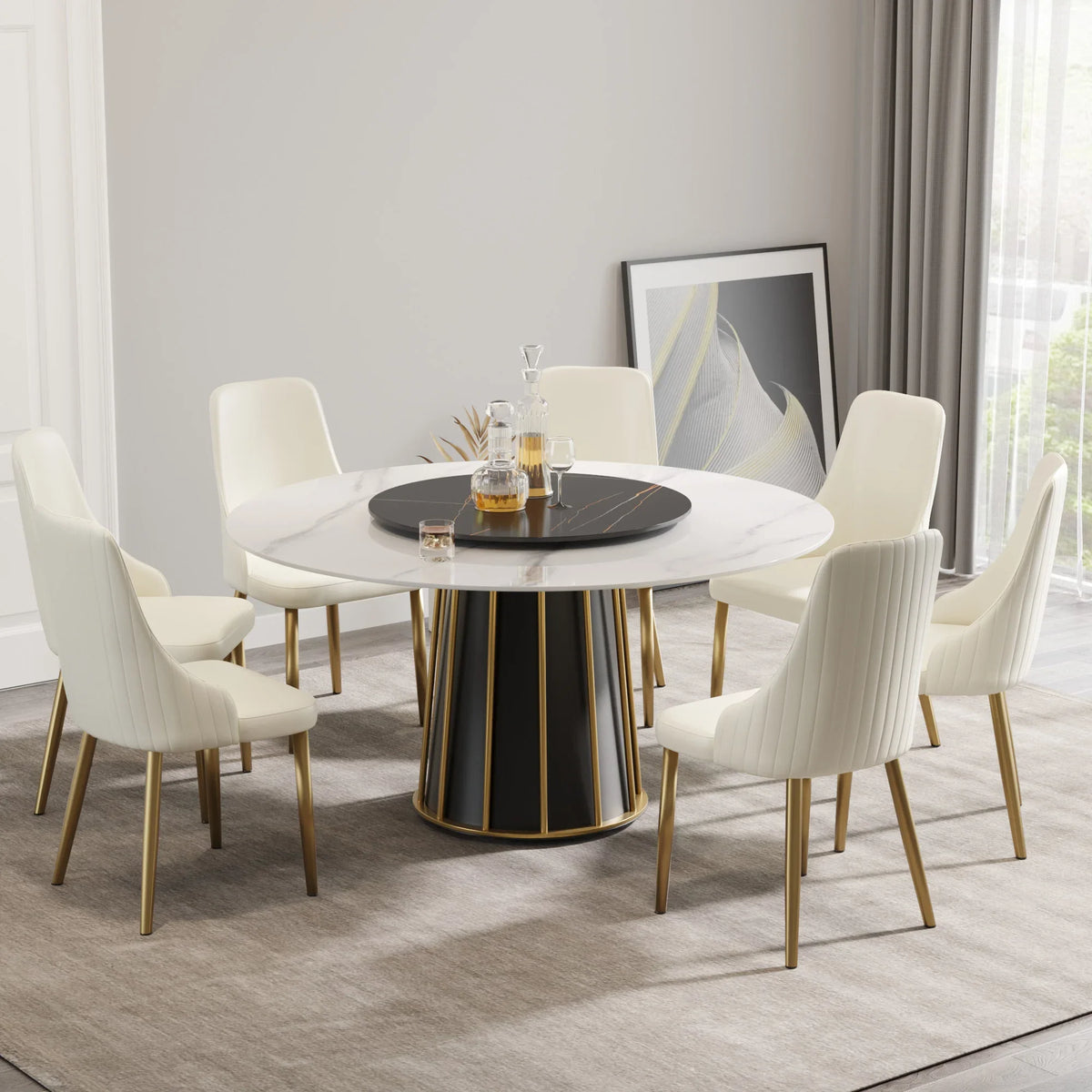 Marbella Sintered Stone Dining Table | 59" White Gloss Round With Lazy Susan Turntable