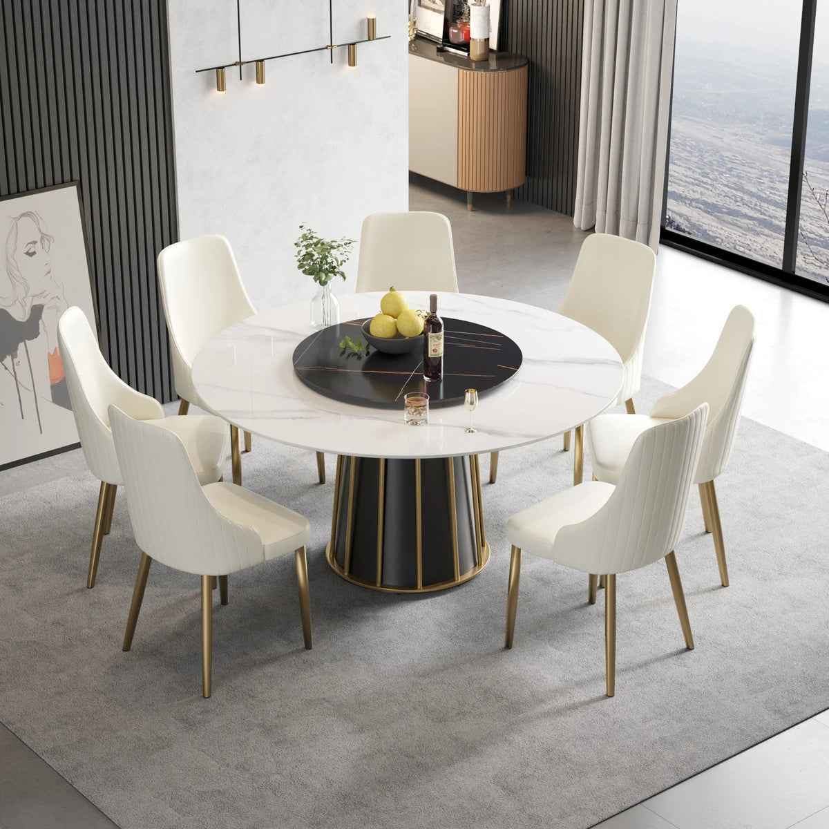 Marbella Sintered Stone Dining Table | 59" White Gloss Round With Lazy Susan Turntable