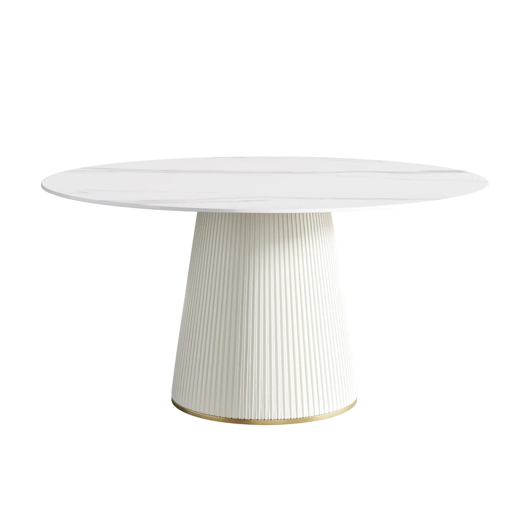 Marbella Sintered Stone Dining Table | 59" White Gloss Round With Leather-Covered Base