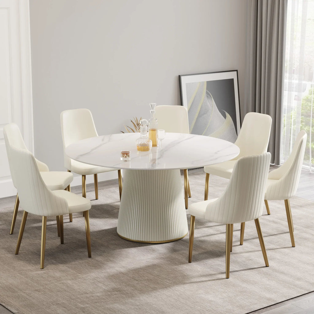 Marbella Sintered Stone Dining Table | 59" White Gloss Round With Leather-Covered Base