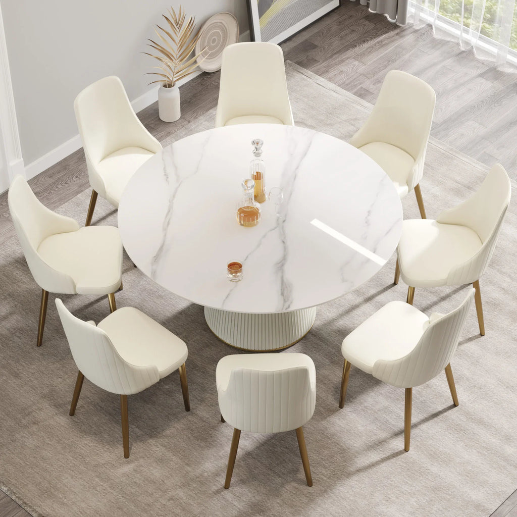 Marbella Sintered Stone Dining Table | 59" White Gloss Round With Leather-Covered Base
