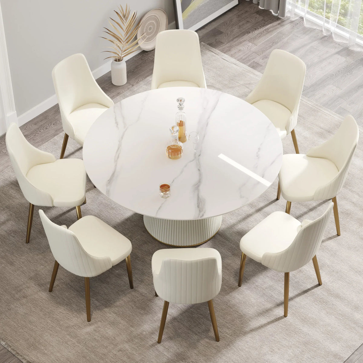 Marbella Sintered Stone Dining Table | 59" White Gloss Round With Leather-Covered Base