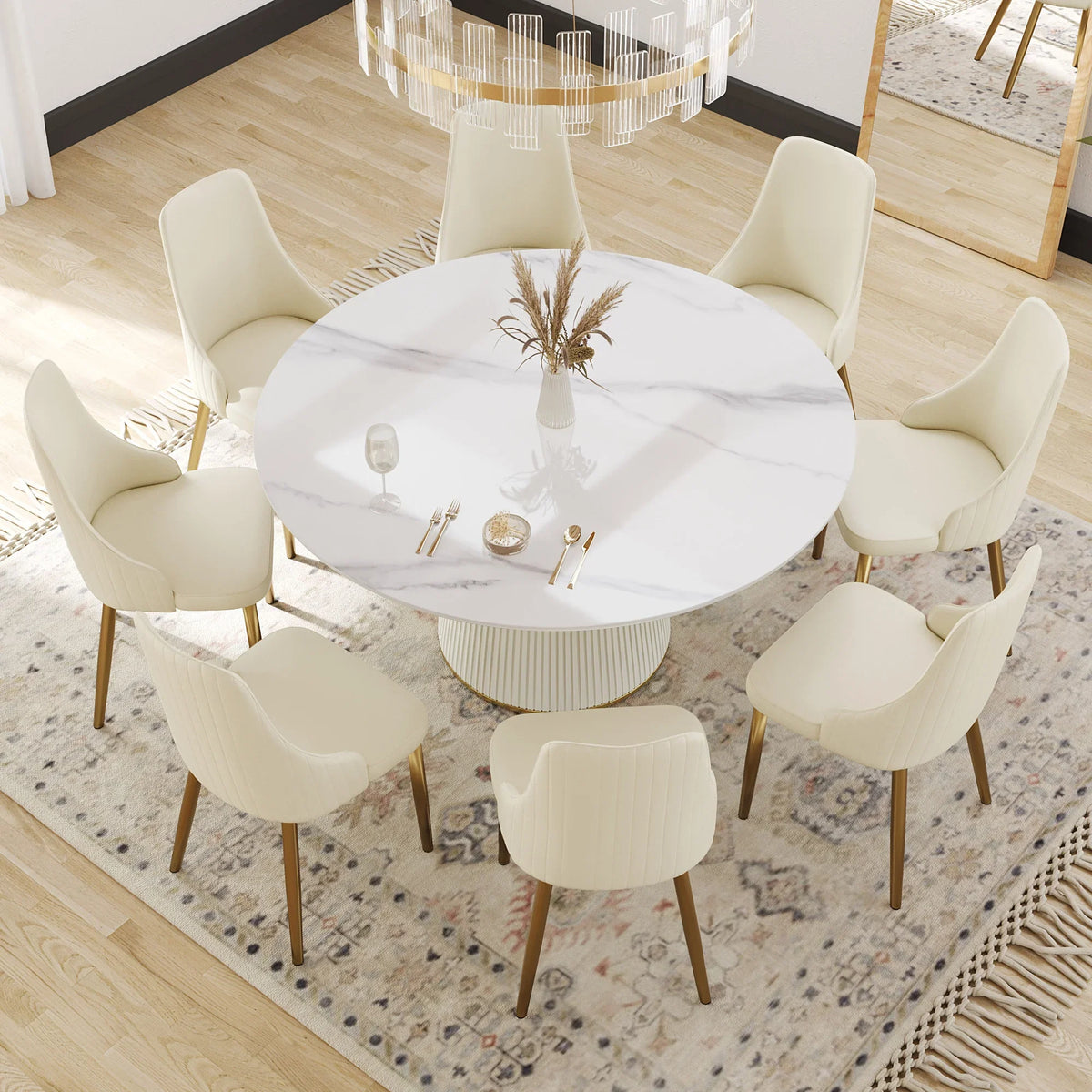 Marbella Sintered Stone Dining Table | 59" White Gloss Round With Leather-Covered Base