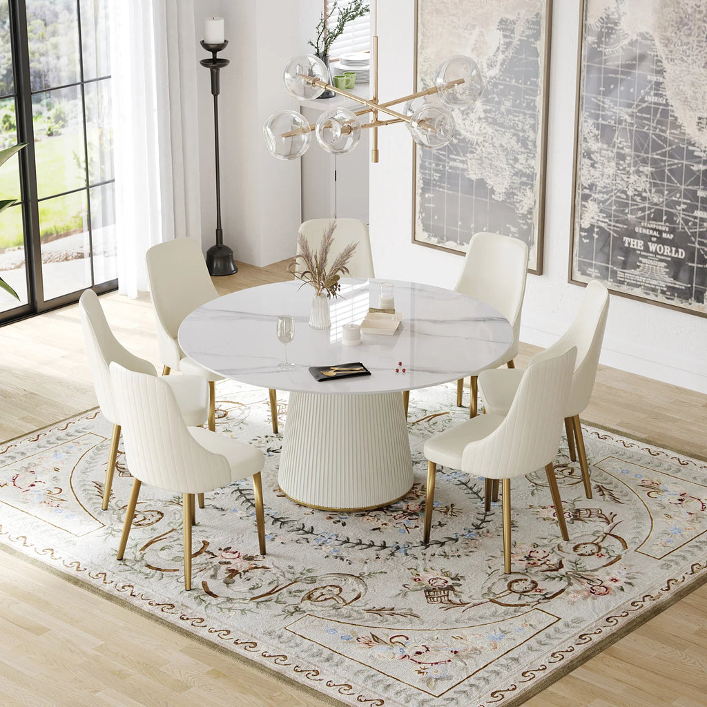 Marbella Sintered Stone Dining Table | 59" White Gloss Round With Leather-Covered Base