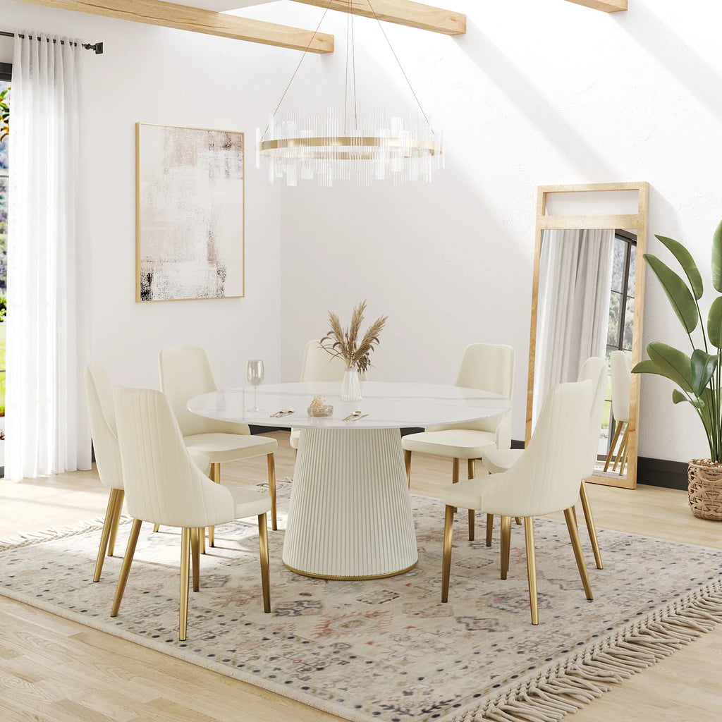 Marbella Sintered Stone Dining Table | 59" White Gloss Round With Leather-Covered Base