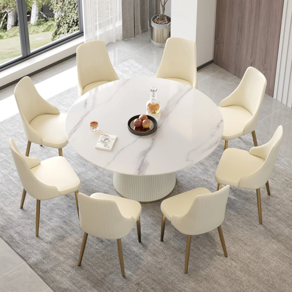 Marbella Sintered Stone Dining Table | 59" White Gloss Round With Leather-Covered Base
