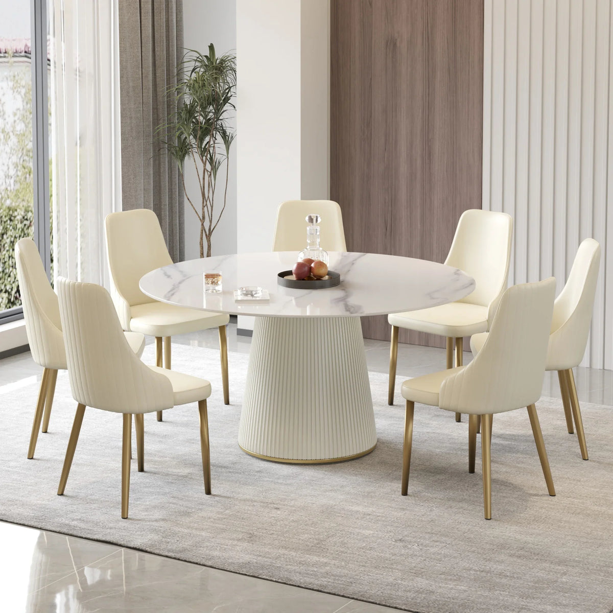 Marbella Sintered Stone Dining Table | 59" White Gloss Round With Leather-Covered Base