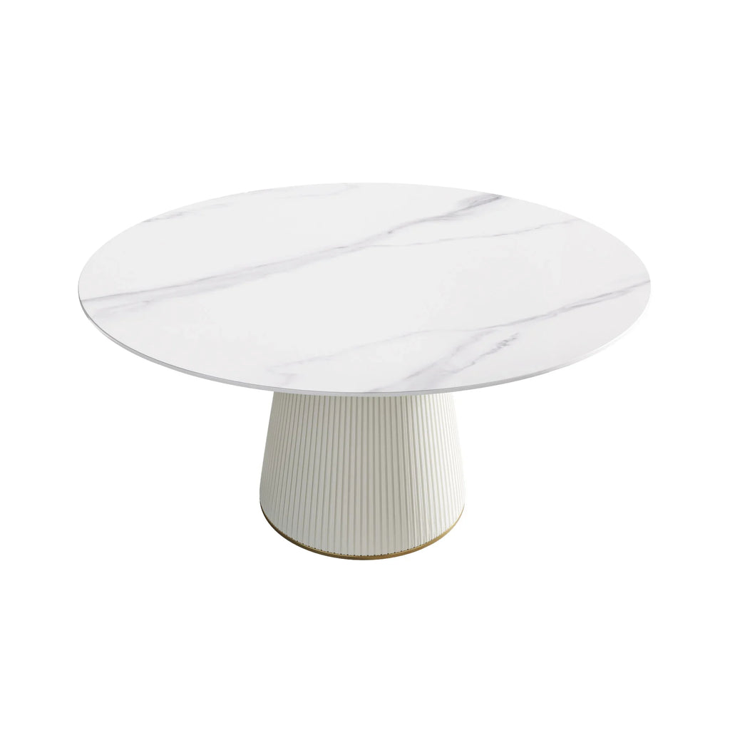 Marbella Sintered Stone Dining Table | 59" White Gloss Round With Leather-Covered Base