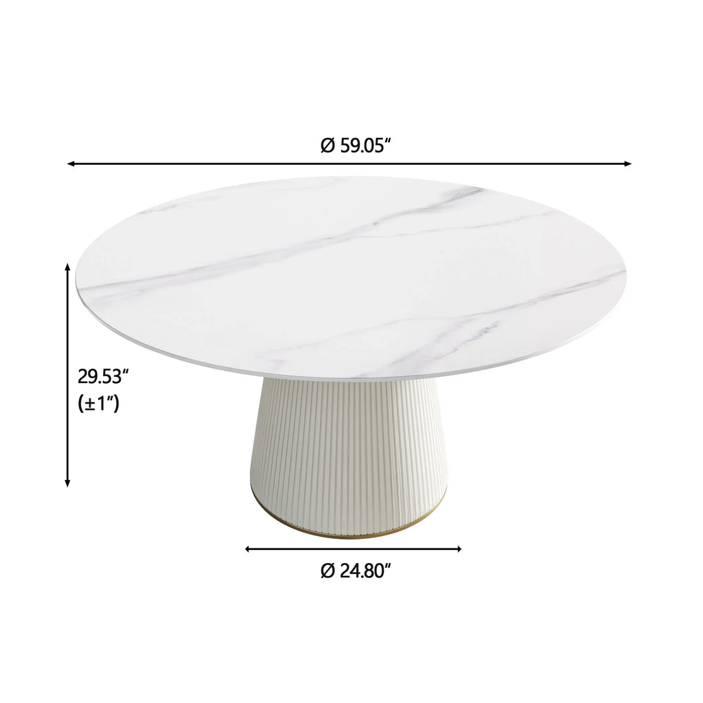Marbella Sintered Stone Dining Table | 59" White Gloss Round With Leather-Covered Base