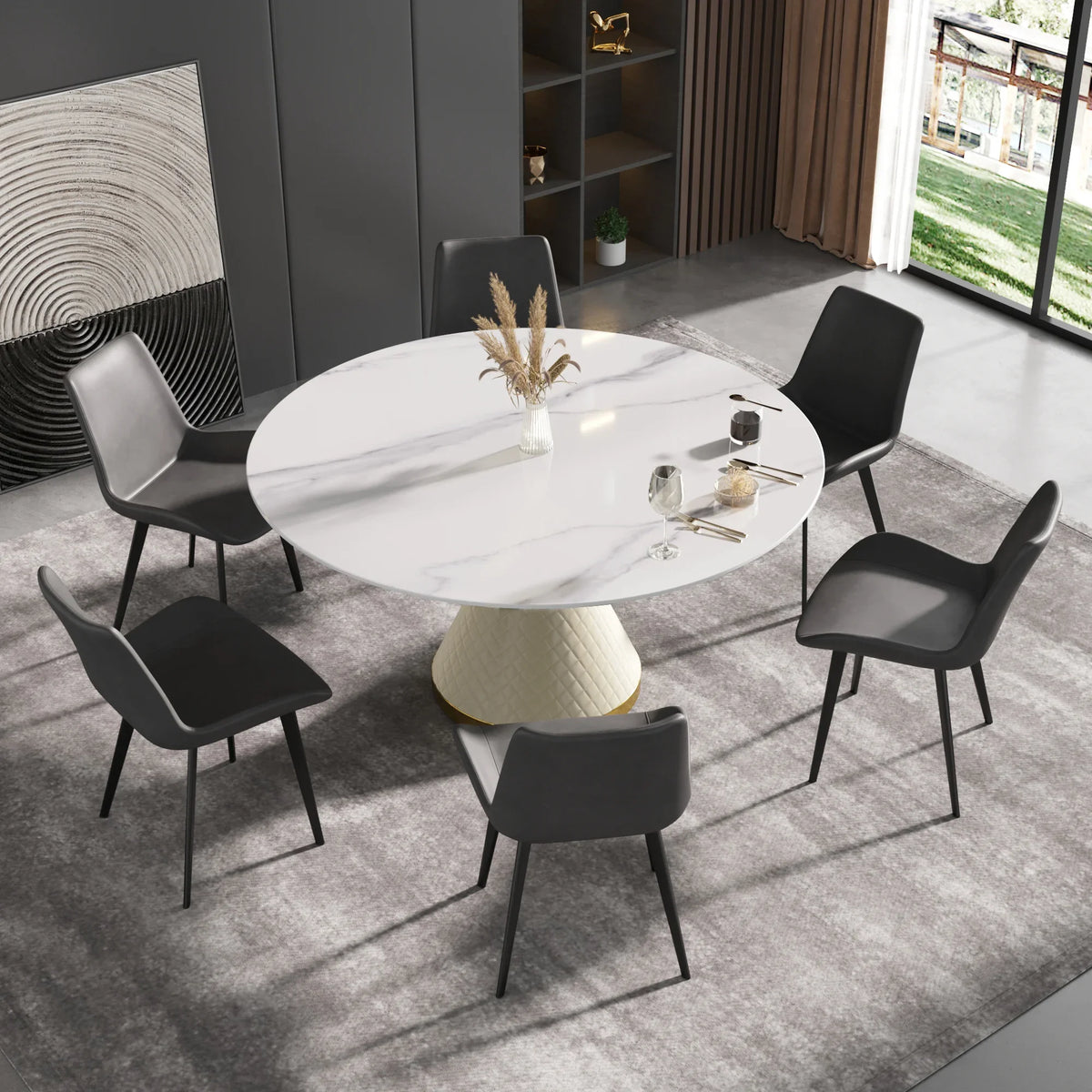 Marbella Sintered Stone Dining Table | 59" White Gloss Round With Leather-Covered Base