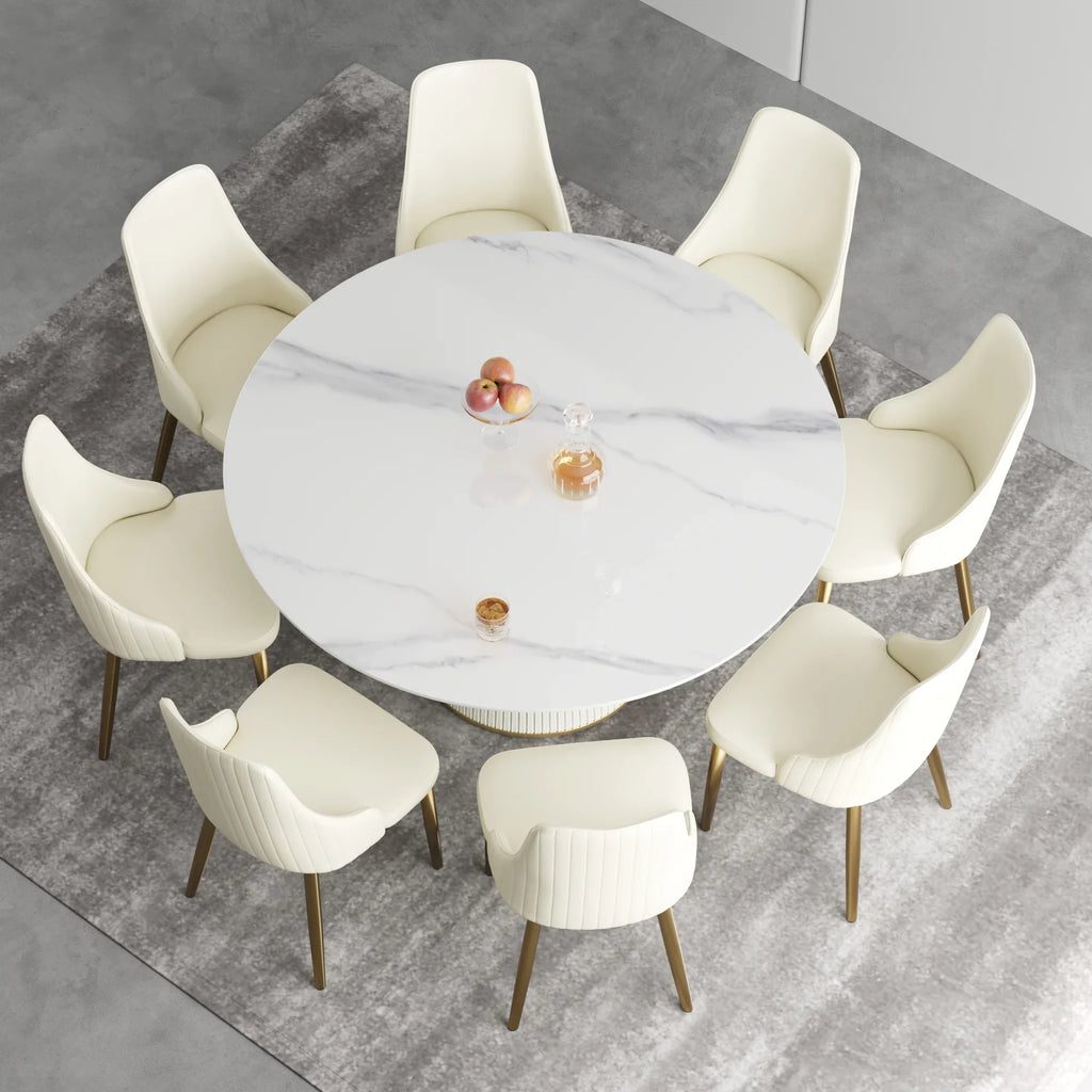 Marbella Sintered Stone Dining Table | 59" White Gloss Round With Leather-Covered Base